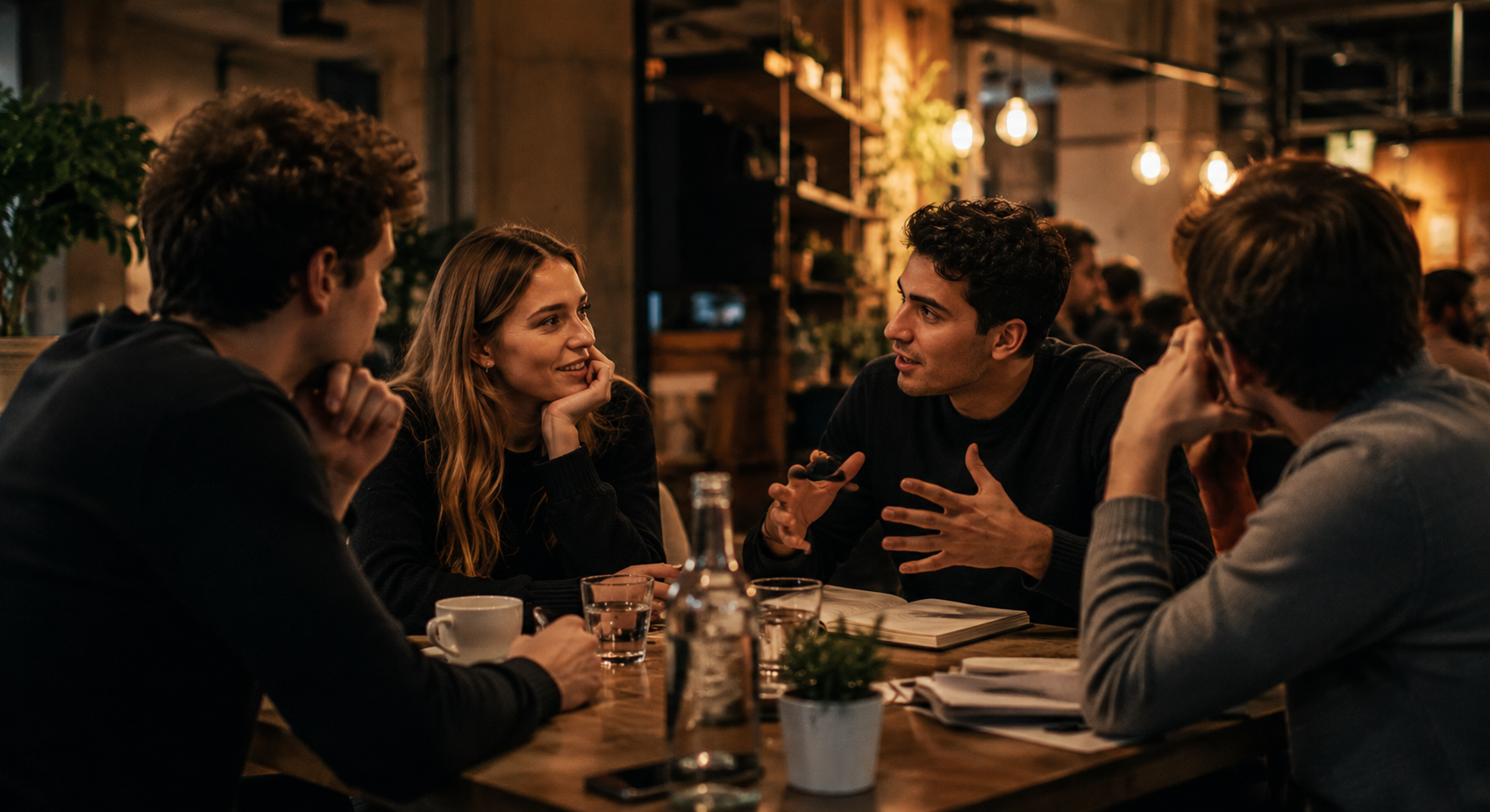 Kleine Gesprächsgruppe in warmem Café-Licht