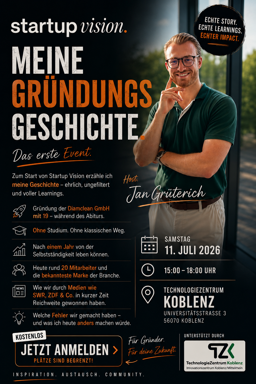 Flyer zum Startup Vision Event Meine Gründungsgeschichte am 11. Juli 2026 im TechnologieZentrum Koblenz